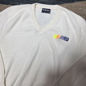 Vintage NASCAR McBriar V-Neck Sweater White USA Made Men’s M